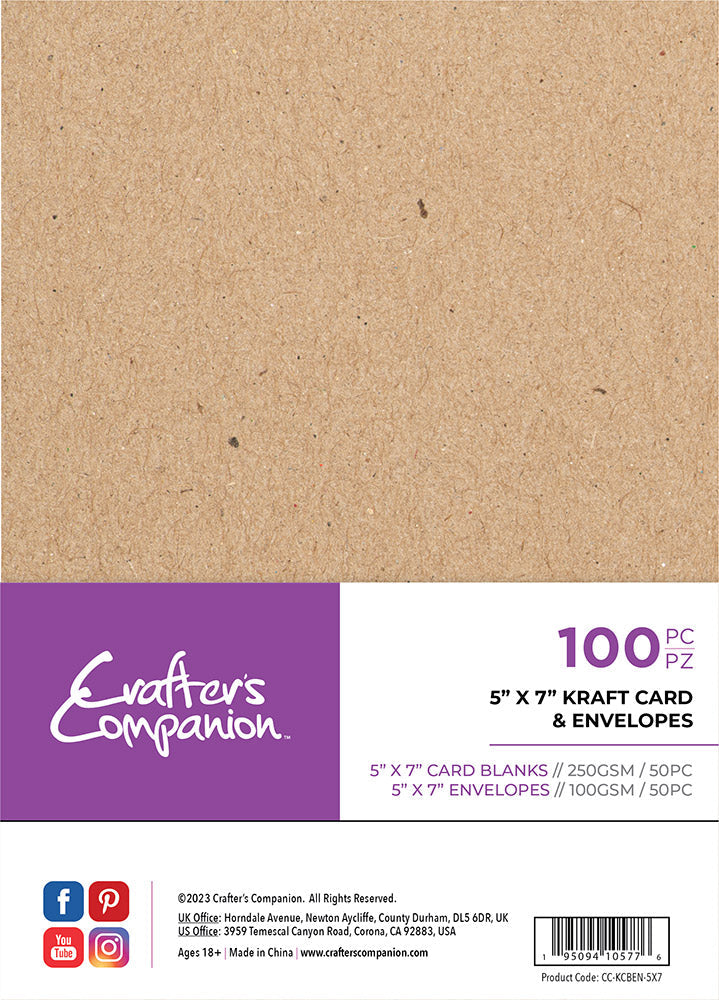 Crafter's Companion 5in x 7in Card Blanks & Envelopes Kraft 250 GSM | Pack of 50