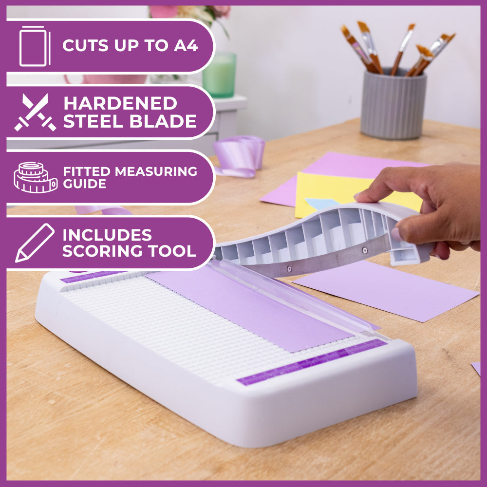 We R Memory Keepers, Mini Guillotine Cutter, White, 6 x 8.5, Stack Paper  Cutter and Trimmer, Scrapbooking, and Crafting Tool with Built in Ruler