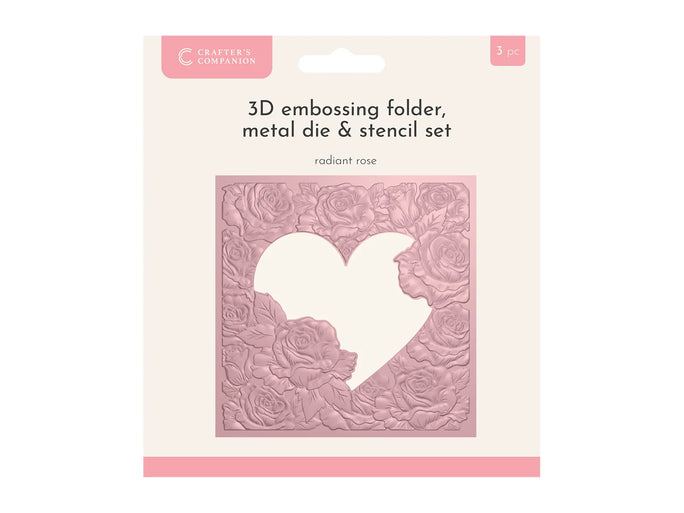 Crafters Companion 5.5" X 5.5" 3D Embossing Folder, Metal Die and Stencil Set - Radiant Rose