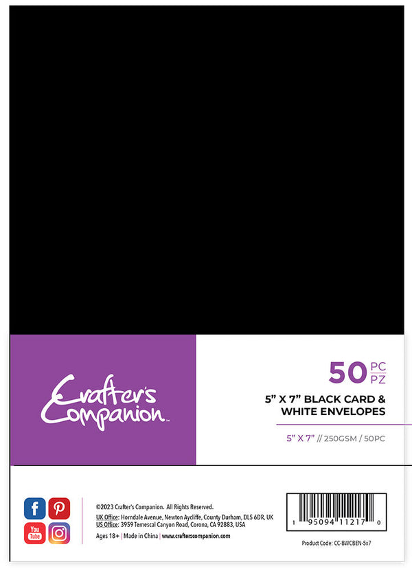 Crafter's Companion 5in x 7in Black Card Blanks & White Envelopes 250 GSM | Pack of 25