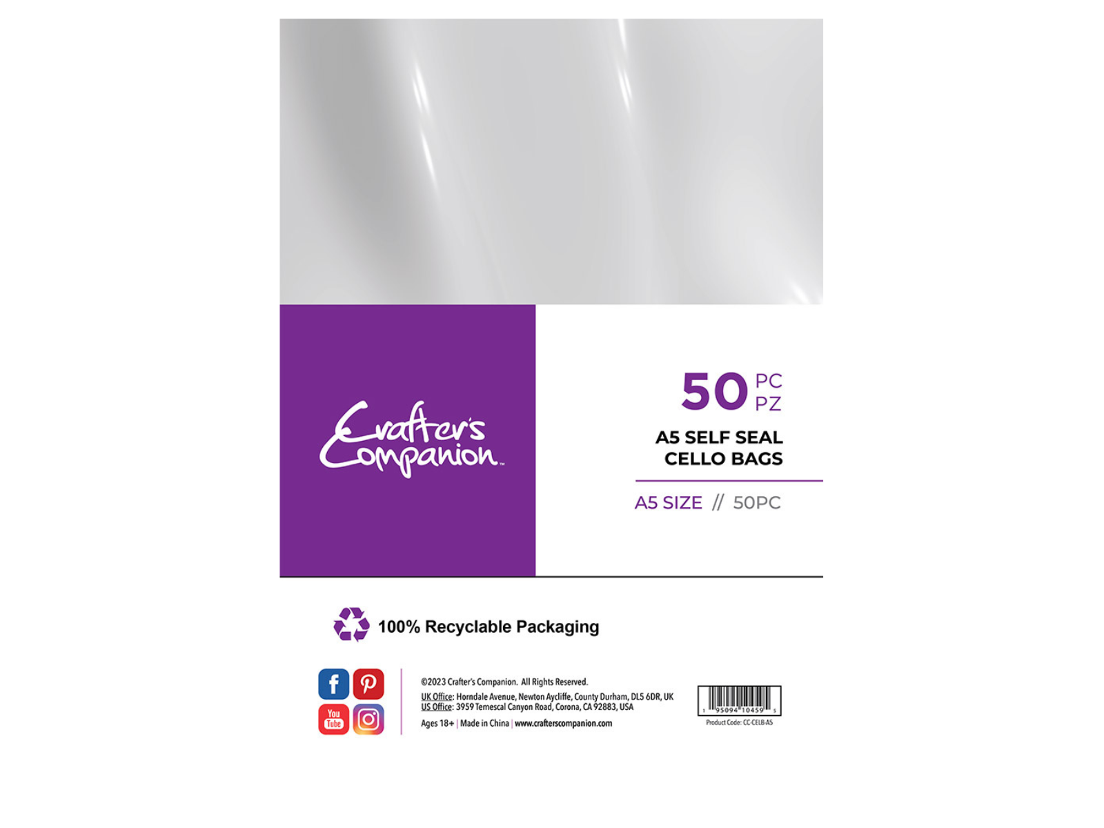 Crafter's Companion A5 Self Seal Cello Bags - 50 Pack