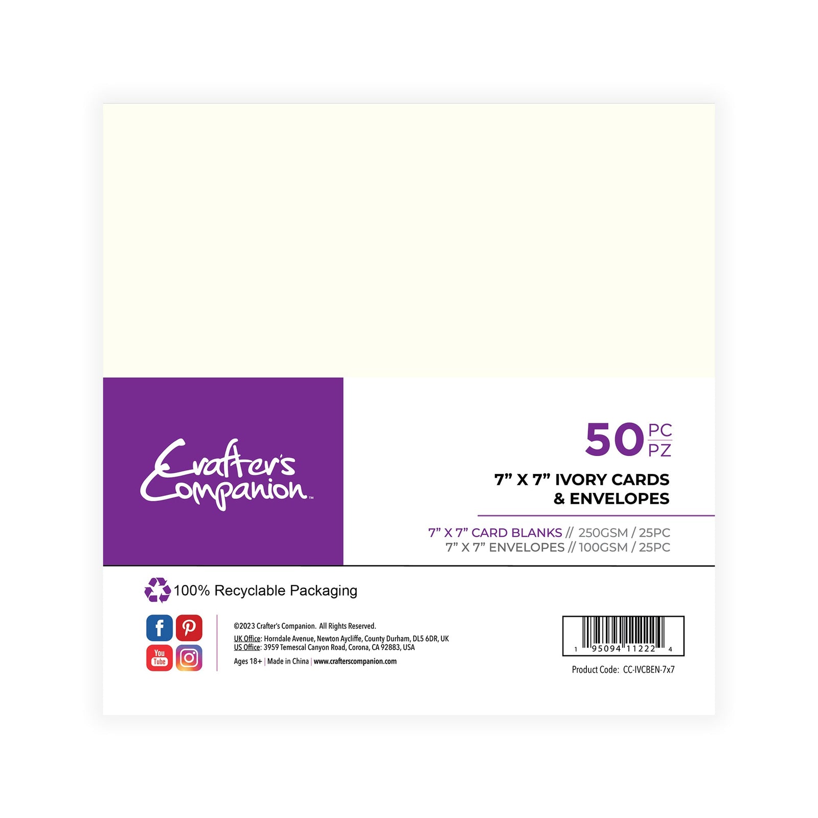 Crafter's Companion - 7"x7" Ivory Card & Envelopes 50pc 250GSM