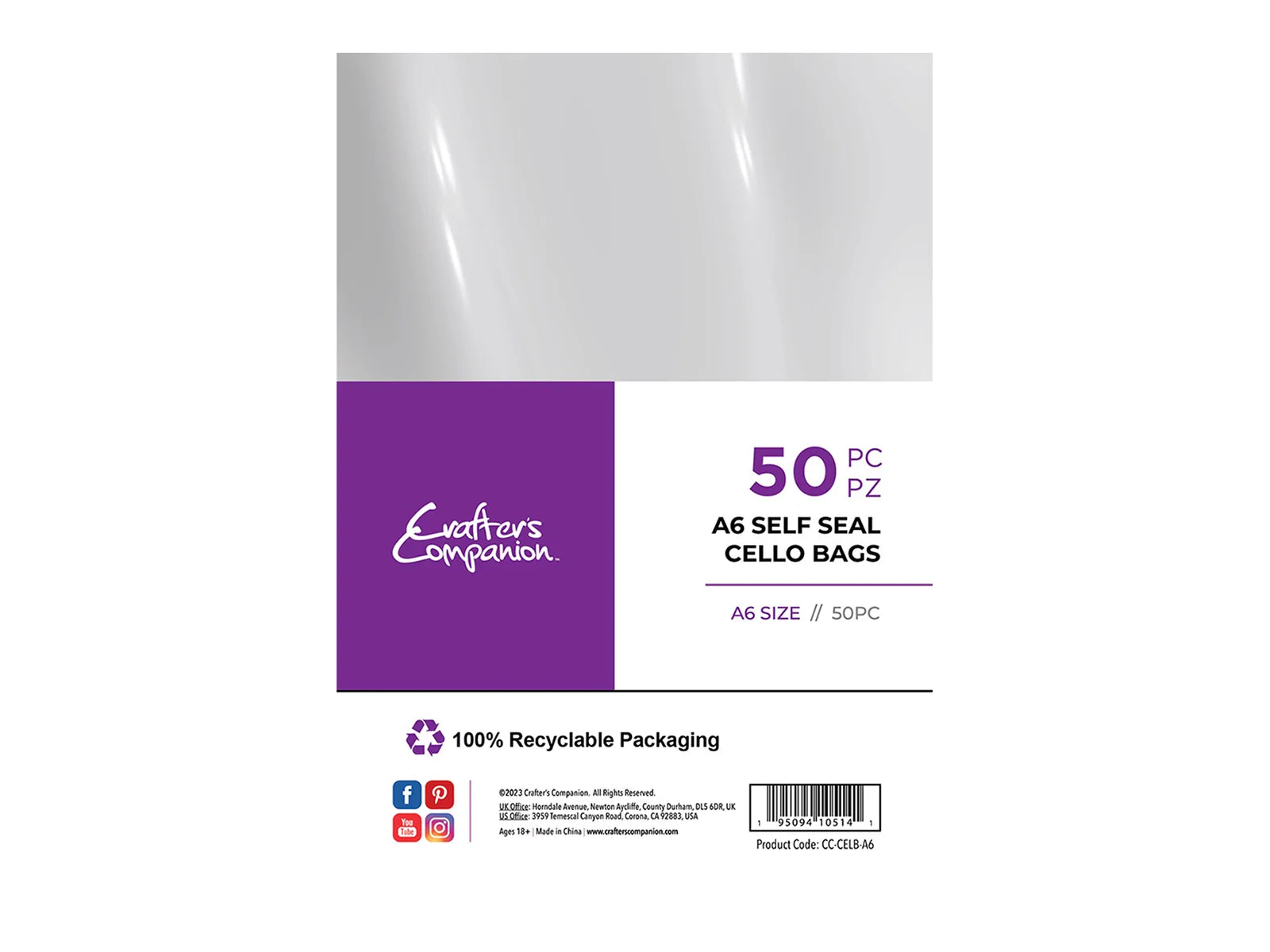 Crafter's Companion A6 Self Seal Cello Bags - 50 Pack