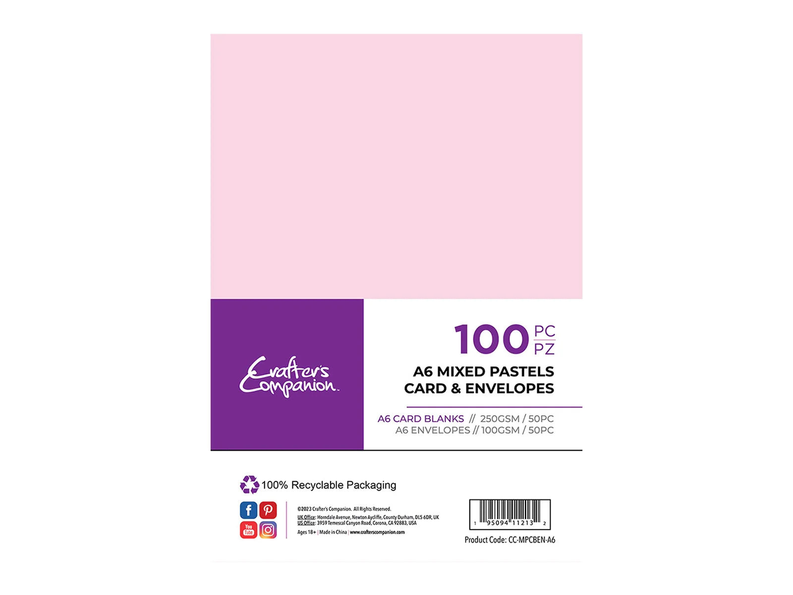 Crafter's Companion A6 Mixed Pastels Card & Envelopes - 100 Pack ...