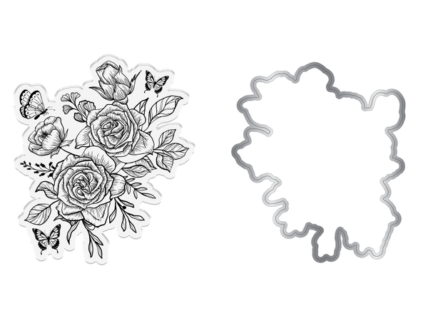 Nature's Garden - Midnight Floral Stamp & Die - Butterfly & Rose Blooms