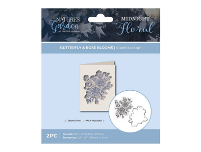 Nature's Garden - Midnight Floral Stamp & Die - Butterfly & Rose Blooms