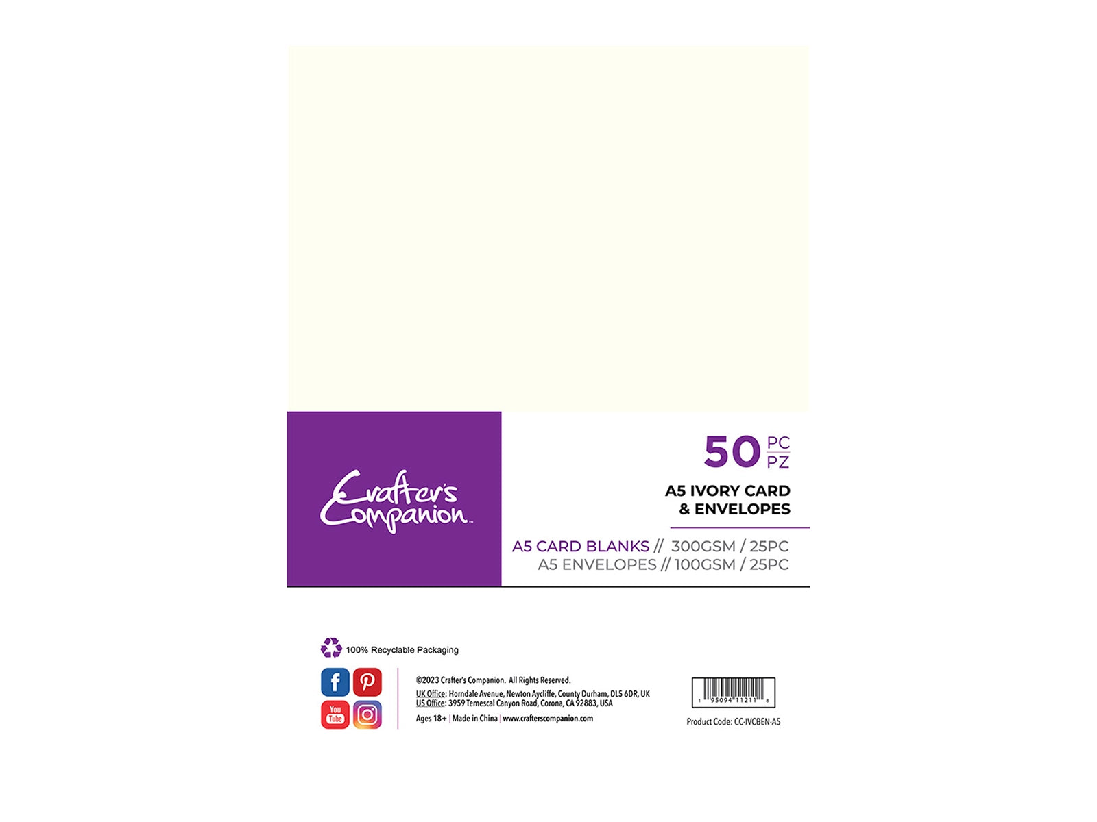 Crafter's Companion  - A5 Ivory Card & Envelopes 50pc