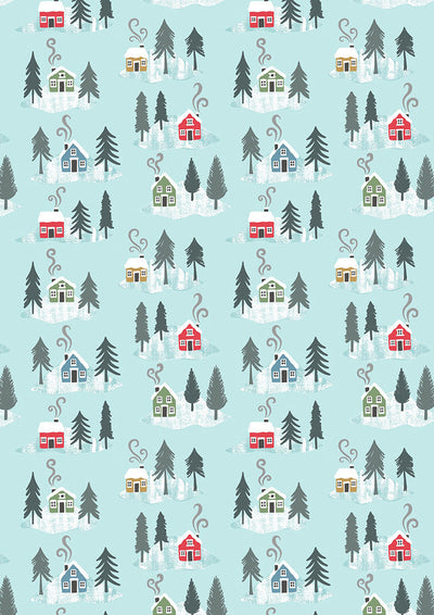Lewis & Irene Fabric - Snow Day Houses on Icy Blue
