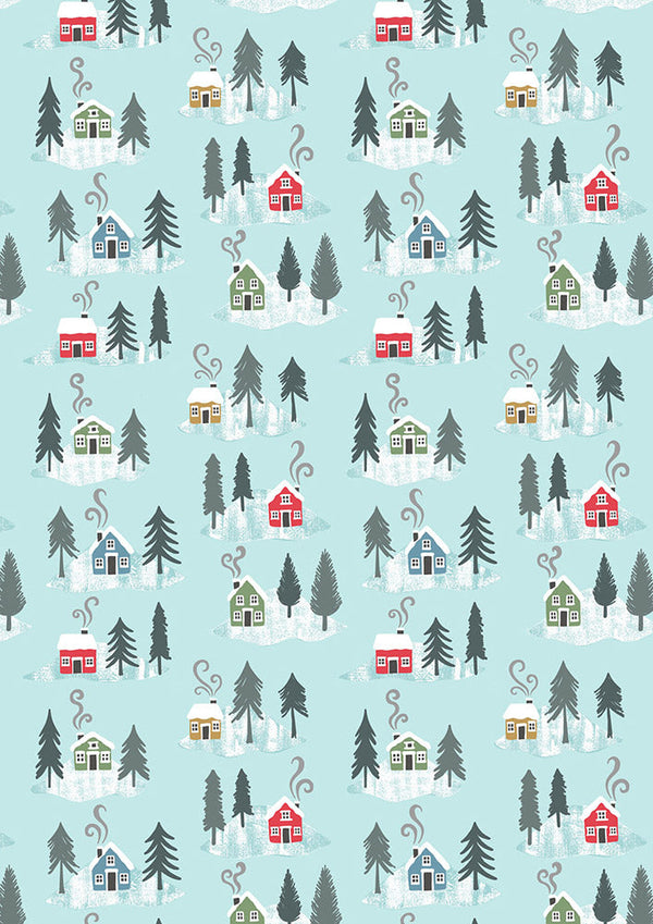 Lewis & Irene Fabric - Snow Day Houses on Icy Blue